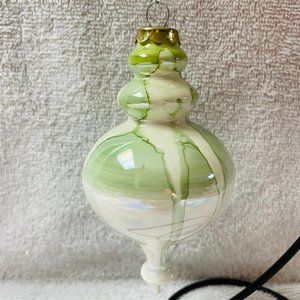 EUC Elias Studio Handblown Glass Ornament, Green-White, Marbled Design, 5" T
